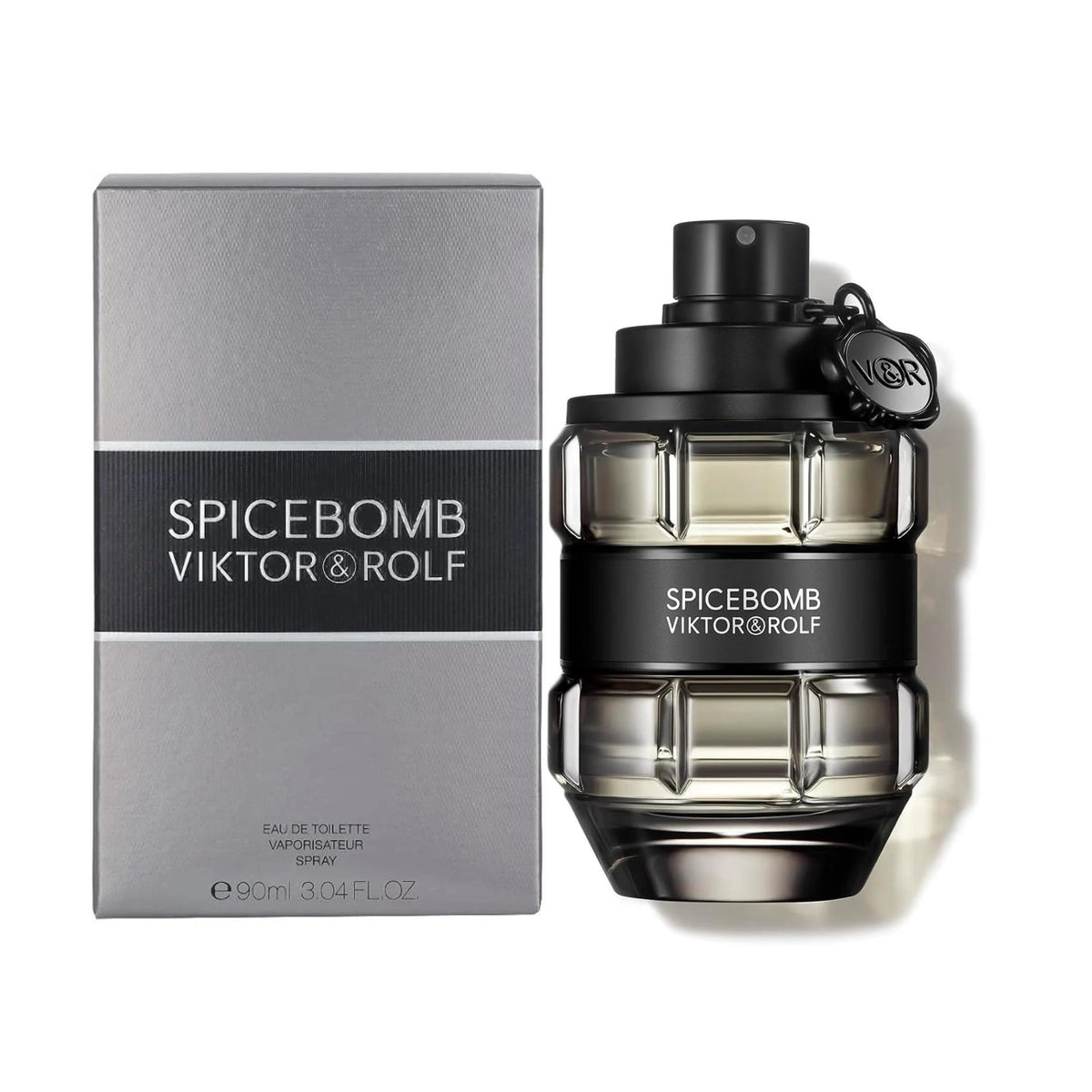 Refect Beauty Viktor & Rolf Spicebomb Eau de Toilette in a grenade-shaped glass bottle with its grey presentation box.