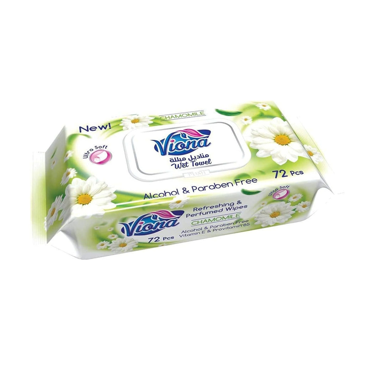 Refect Beauty Viona chamomile wet wipes in a 72-count resealable pack with floral design for gentle skin cleansing.
