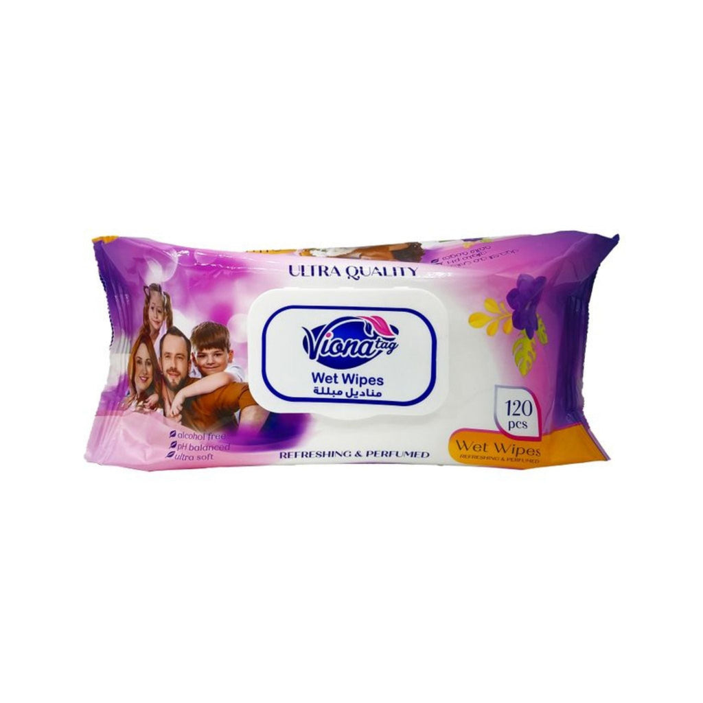 Refect Beauty Viona Family wet wipes in a purple resealable pack with 120 soft, aloe-enriched cleansing face wipes.