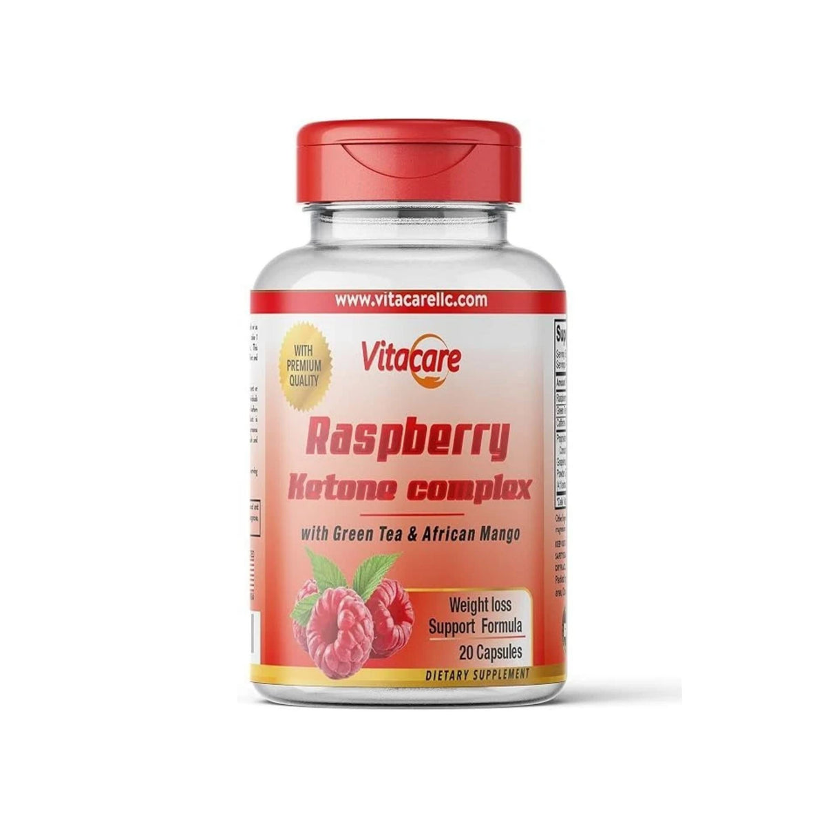 Refect Beauty VitaCare Raspberry Ketone Complex supplement bottle with red cap and raspberry imagery on label