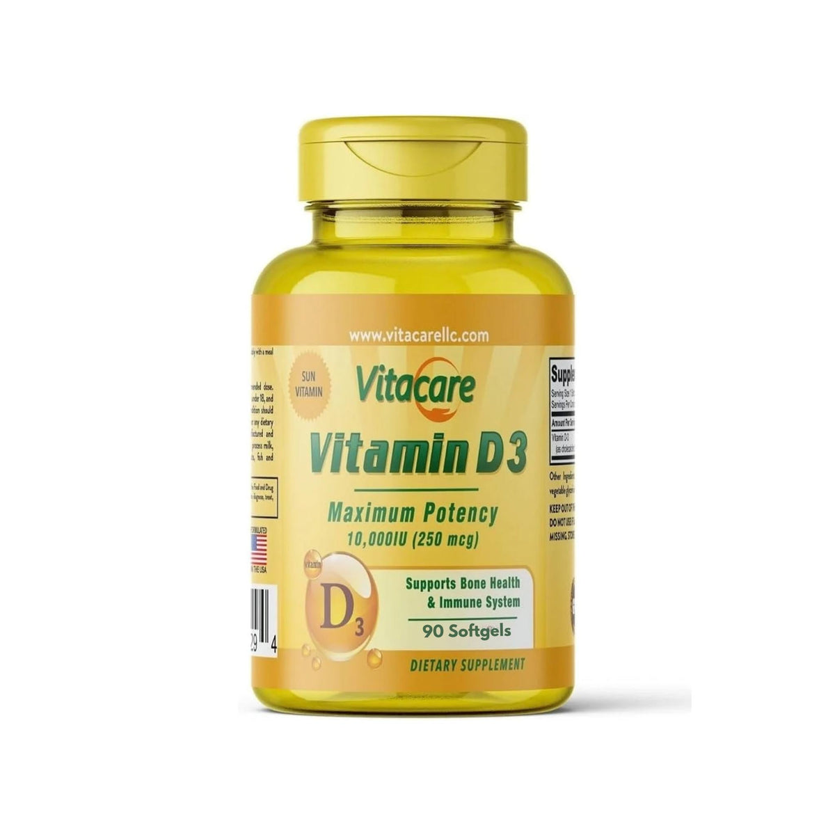 Refect Beauty VitaCare Vitamin D3 10,000 IU supplement bottle with yellow label and 90 softgels