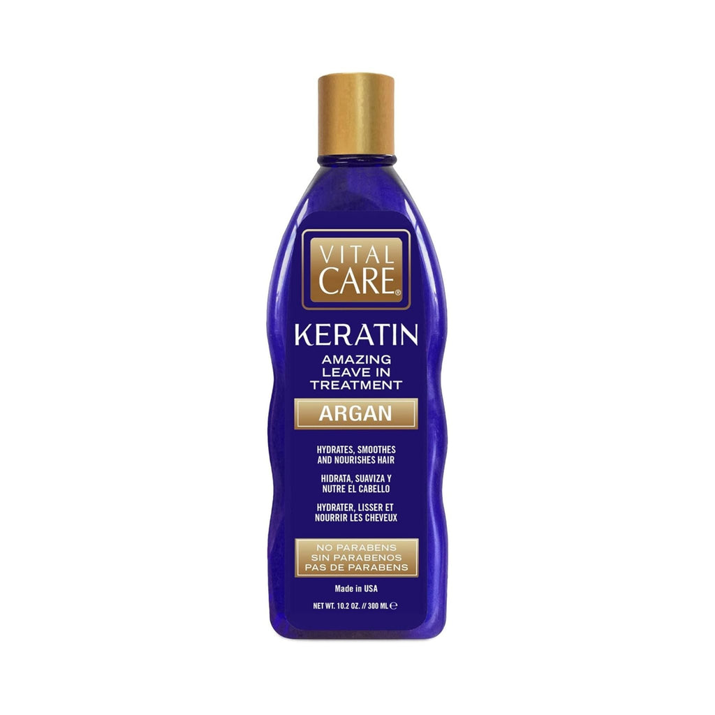 Refect Beauty Vital Care Keratin Amazing Leave-In Argan Oil hair treatment in a blue bottle with a gold cap.