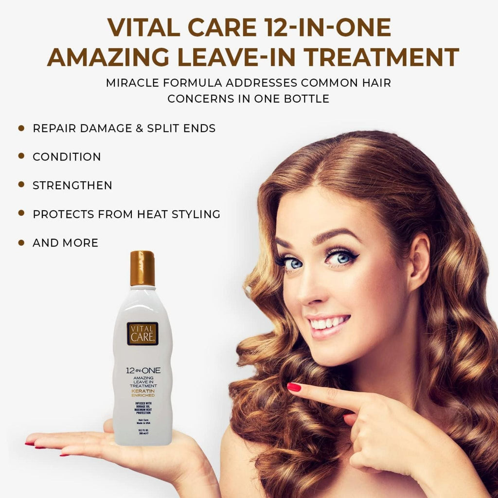 Refect Beauty Vital Care 12-in-ONE keratin leave-in hair treatment bottle held by a woman with healthy wavy hair