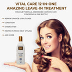 Refect Beauty Vital Care 12-in-ONE keratin leave-in hair treatment bottle held by a woman with healthy wavy hair