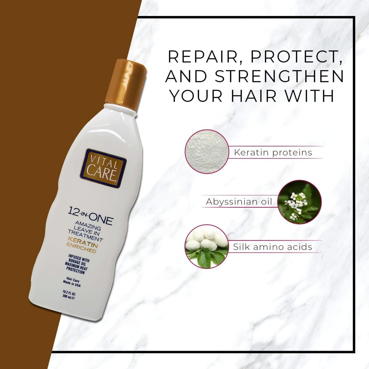 Refect Beauty Vital Care 12-in-ONE keratin-enriched leave-in hair treatment bottle with ingredient highlights