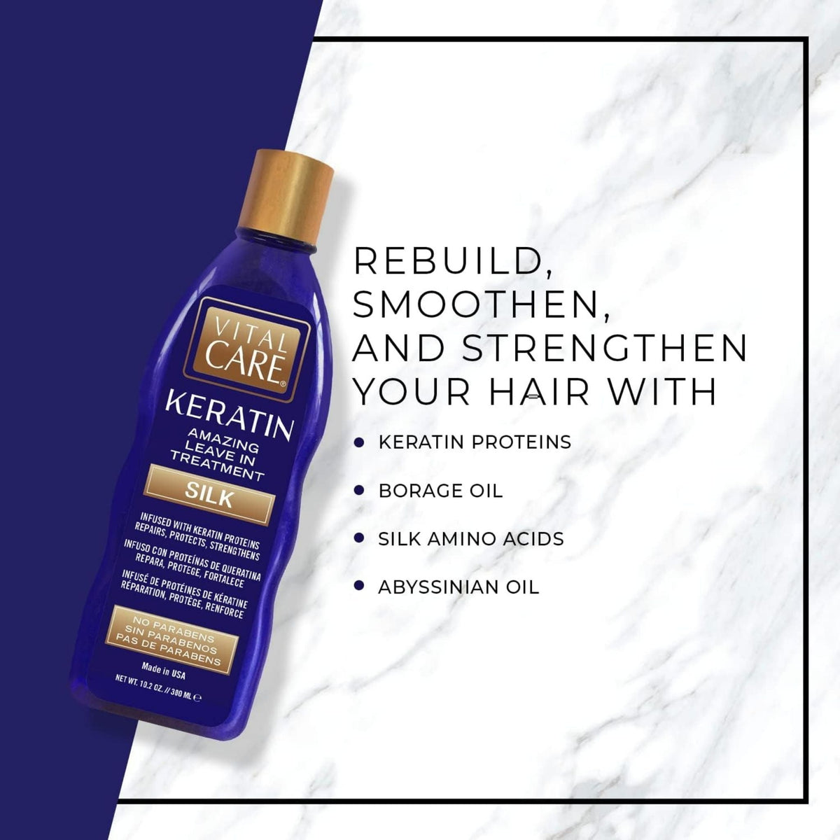 Refect Beauty Vital Care Keratin Amazing Leave-In Treatment Silk bottle on a marble background with product benefits.