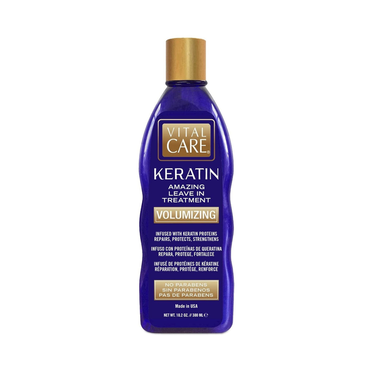 Refect Beauty Vital Care Keratin Amazing Volumizing leave-in hair treatment in a blue bottle with a gold cap. Main image