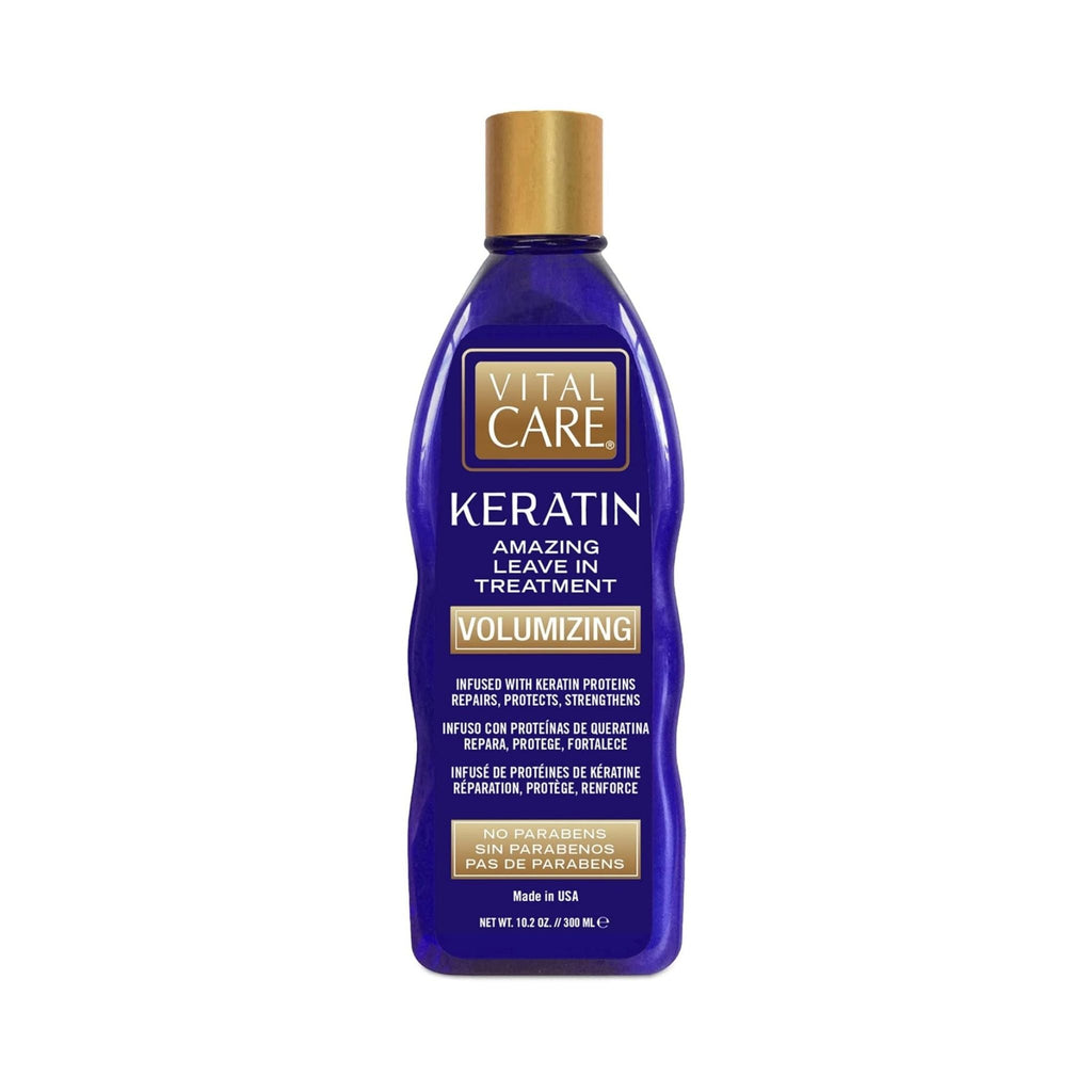 Refect Beauty Vital Care Keratin Amazing Volumizing leave-in hair treatment in a blue bottle with a gold cap.