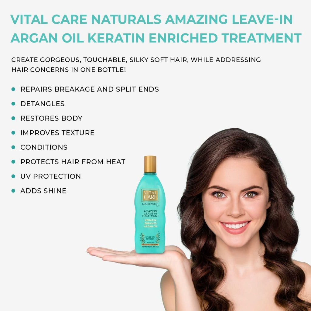 Refect Beauty Vital Care Keratin and Argan Oil leave-in hair treatment bottle held by a smiling woman with wavy hair