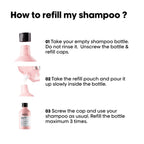 Refect Beauty instructional graphic showing how to refill a pink L'Oréal Professionnel Vitamino Color shampoo bottle