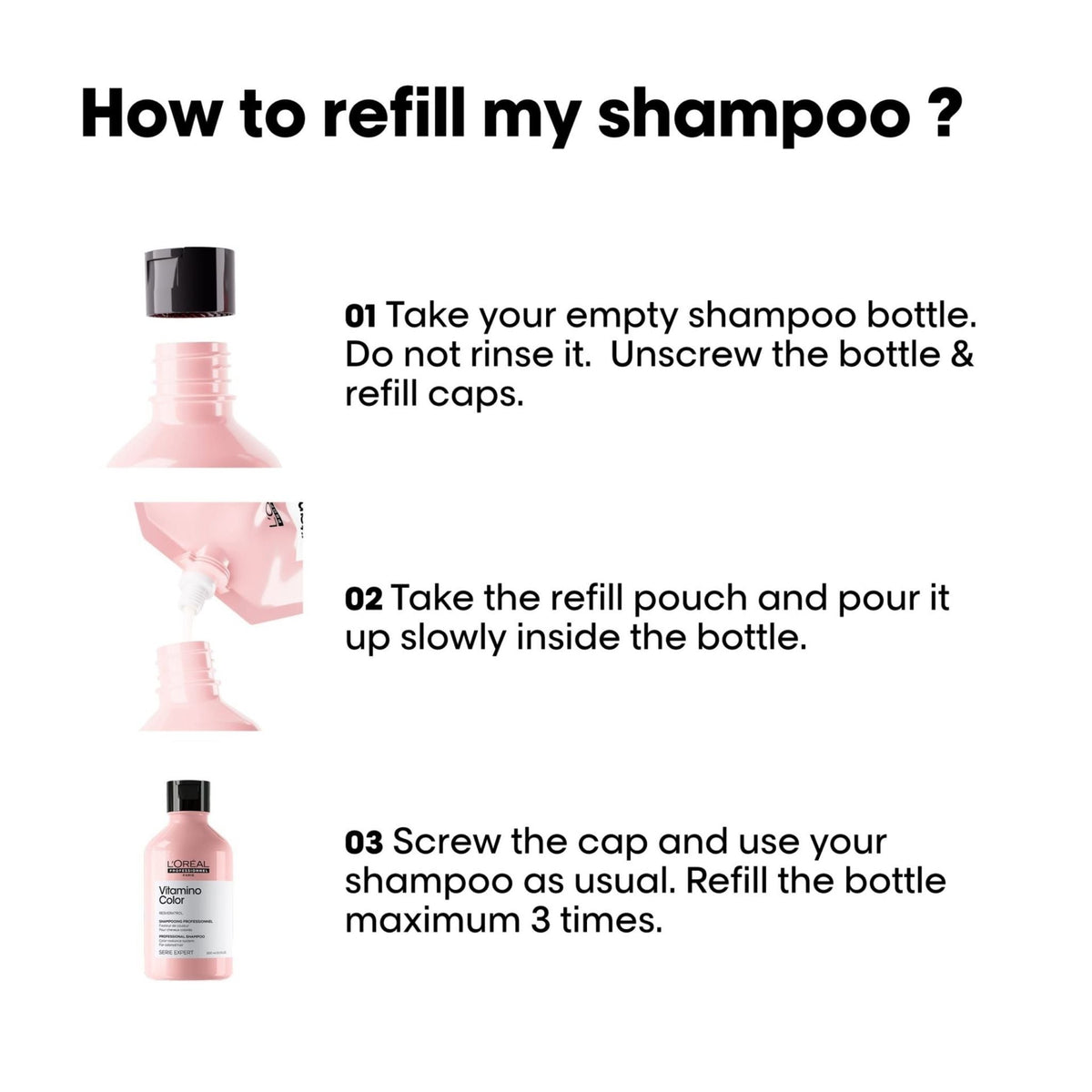 Refect Beauty instructional graphic showing how to refill a pink L'Oréal Professionnel Vitamino Color shampoo bottle