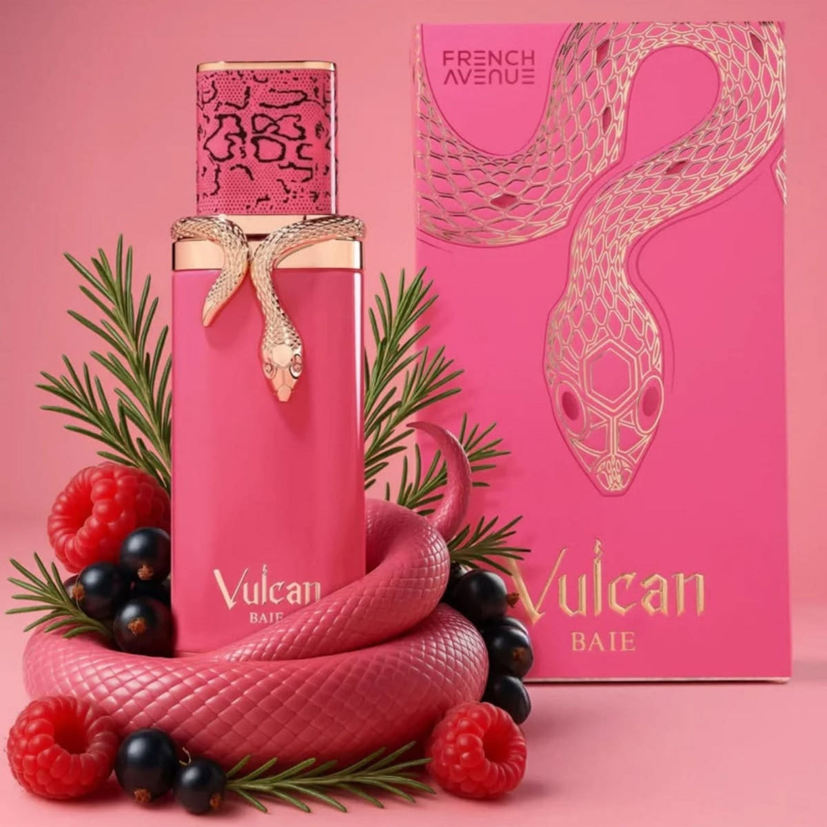 Refect Beauty French Avenue Vulcan Baie extrait de parfum bottle with snake motif and matching pink gift box.