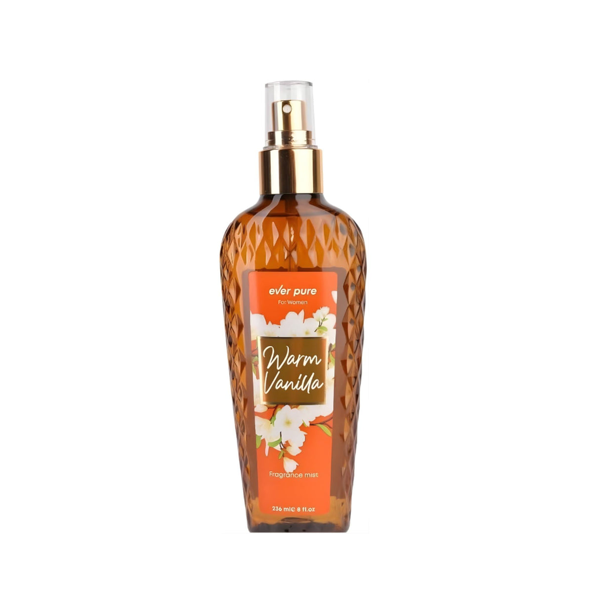Refect Beauty Ever Pure Warm Vanilla body mist in a textured amber glass bottle with a gold spray nozzle.