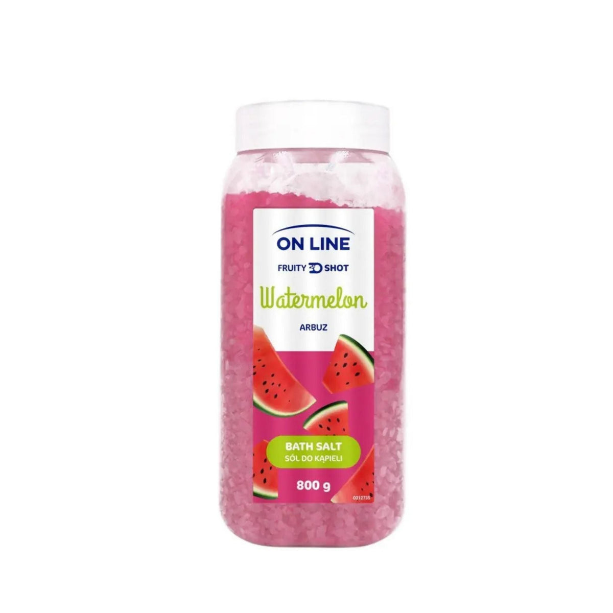 Refect Beauty On Line Wishlist watermelon scented pink sea bath salt in a clear plastic jar with a white lid.