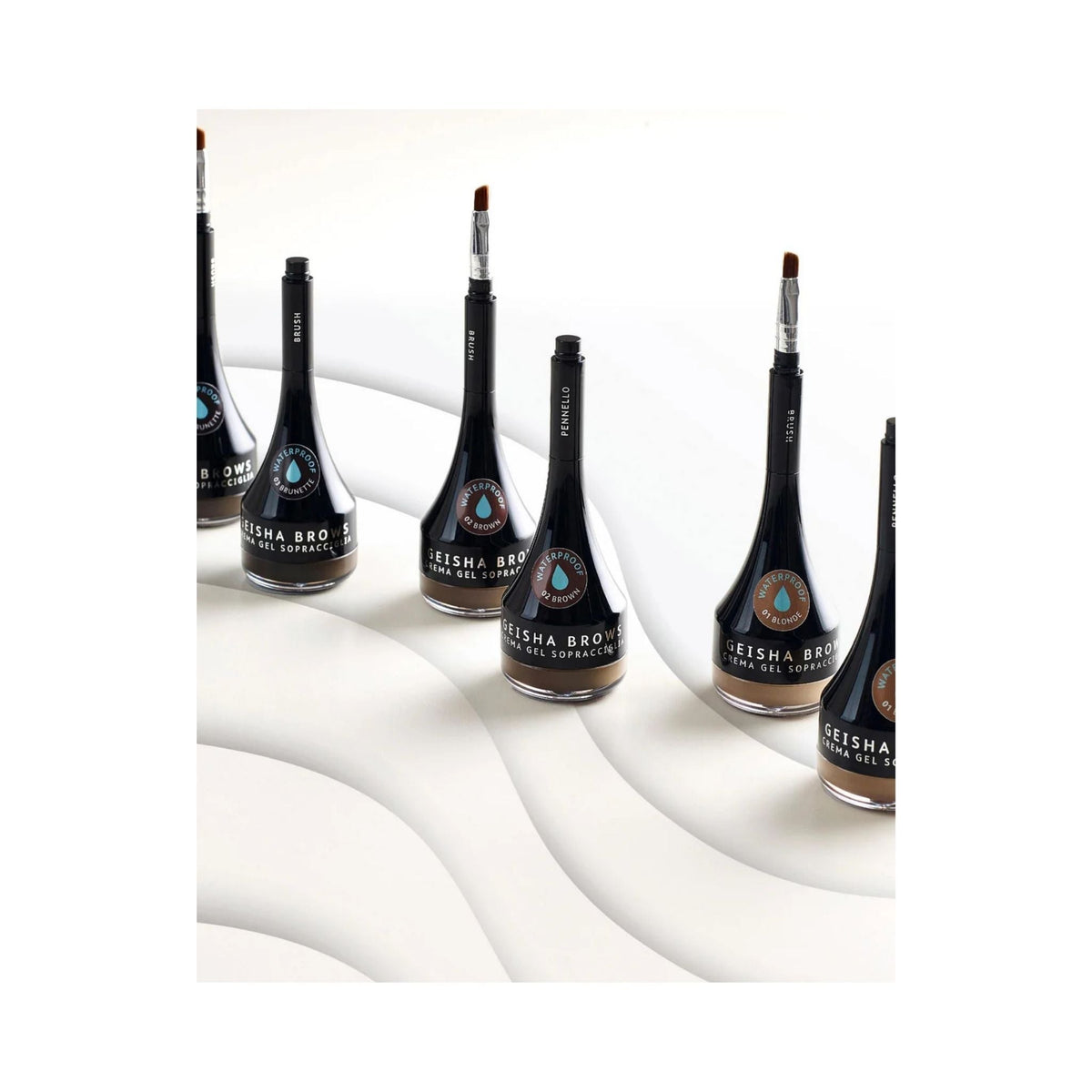 Refect Beauty Astra Geisha Brows waterproof crema gel eyebrow pots with integrated angled brushes on white surface