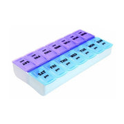 Refect Beauty 7-day twice-a-day pill organizer with purple AM and blue PM compartments for easy medication tracking.