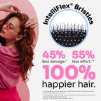 Refect Beauty Wet Brush with IntelliFlex bristles shown in a promotional graphic with a woman styling her hair