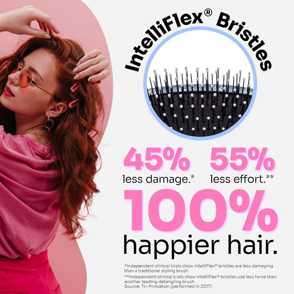 Refect Beauty Wet Brush with IntelliFlex bristles shown in a promotional graphic with a woman styling her hair