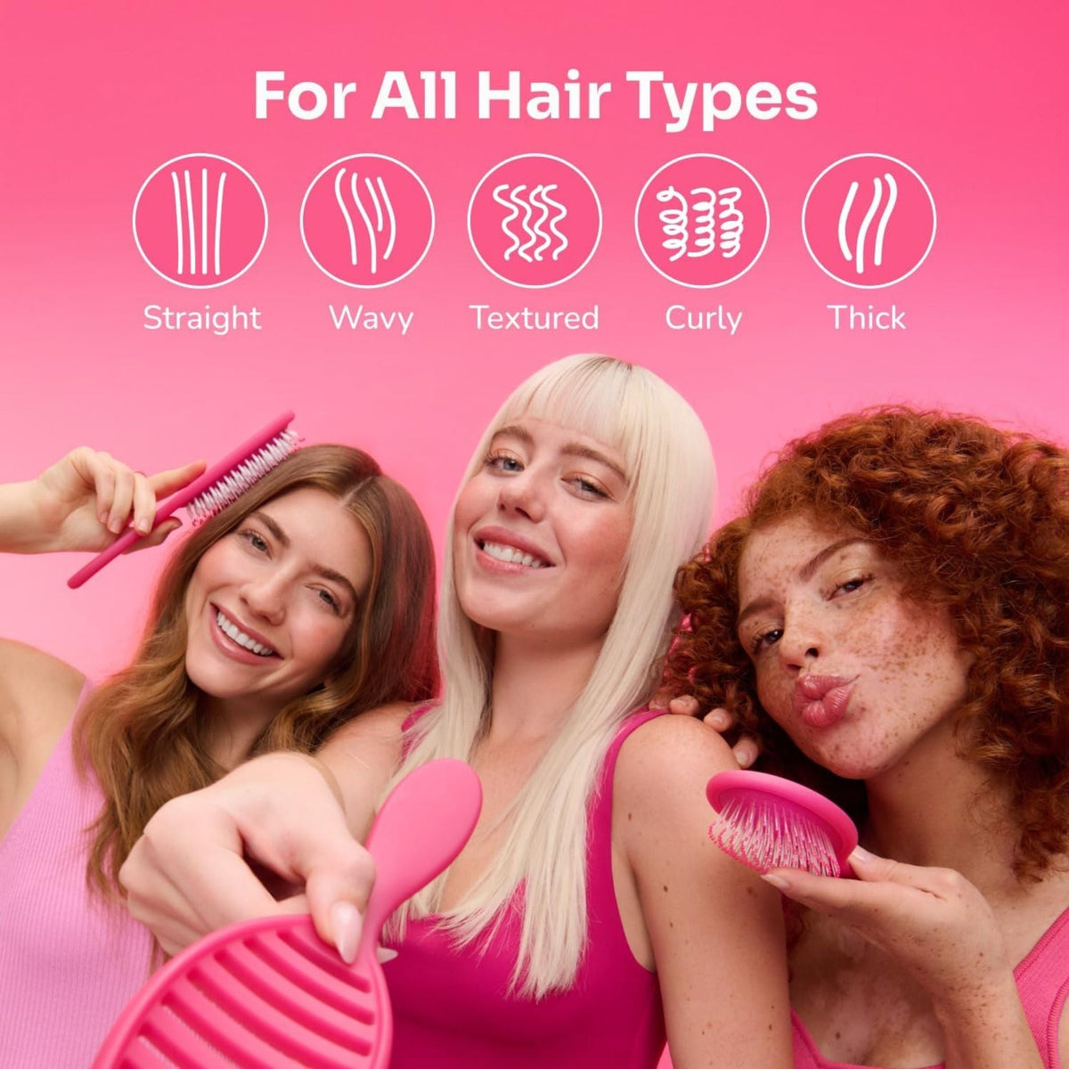 Refect Beauty Wet Brush Mini Geo Confetti used by three diverse women with different hair types against a pink background