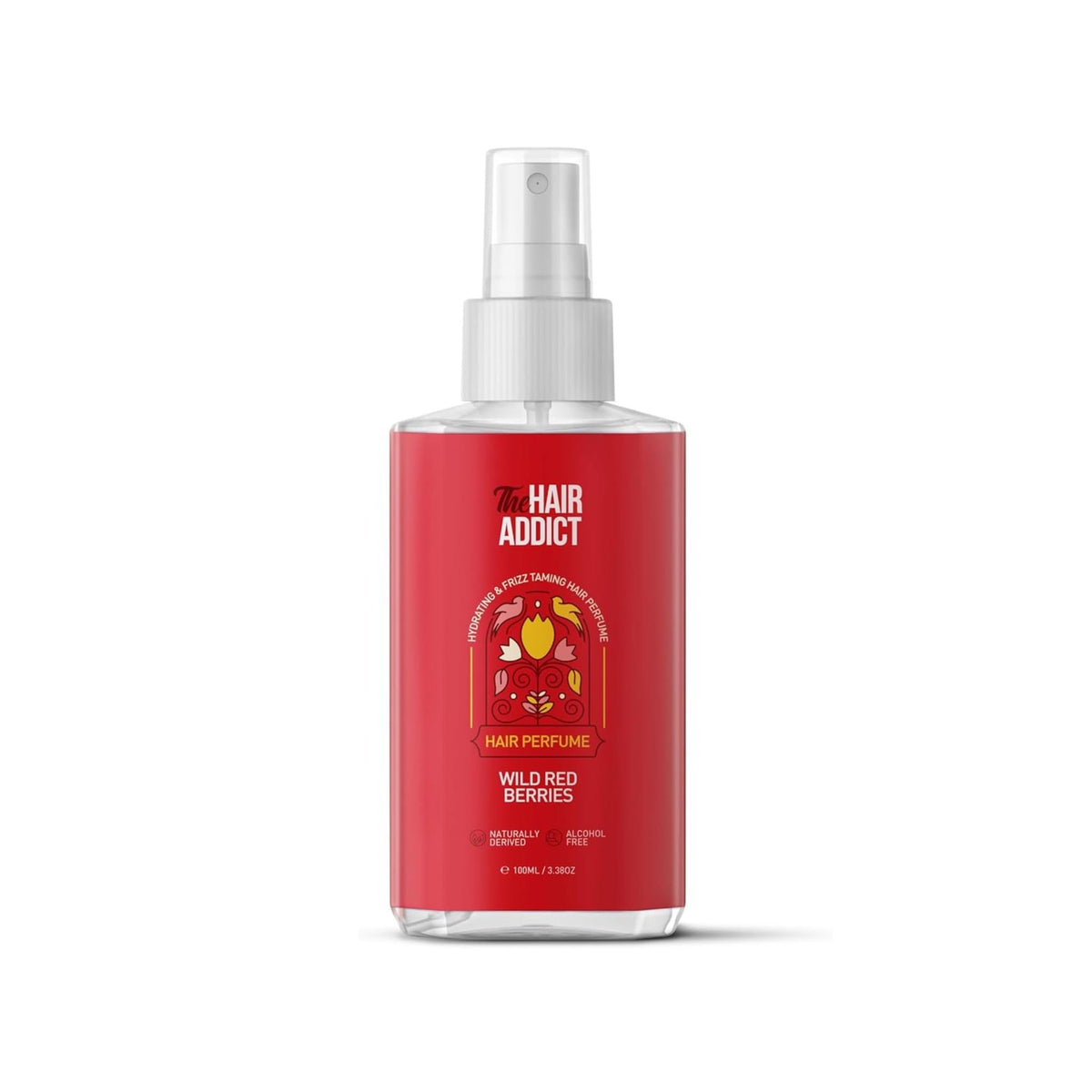 Refect Beauty The Hair Addict Wild Red Berries hair perfume spray bottle with a vibrant red label and white pump.