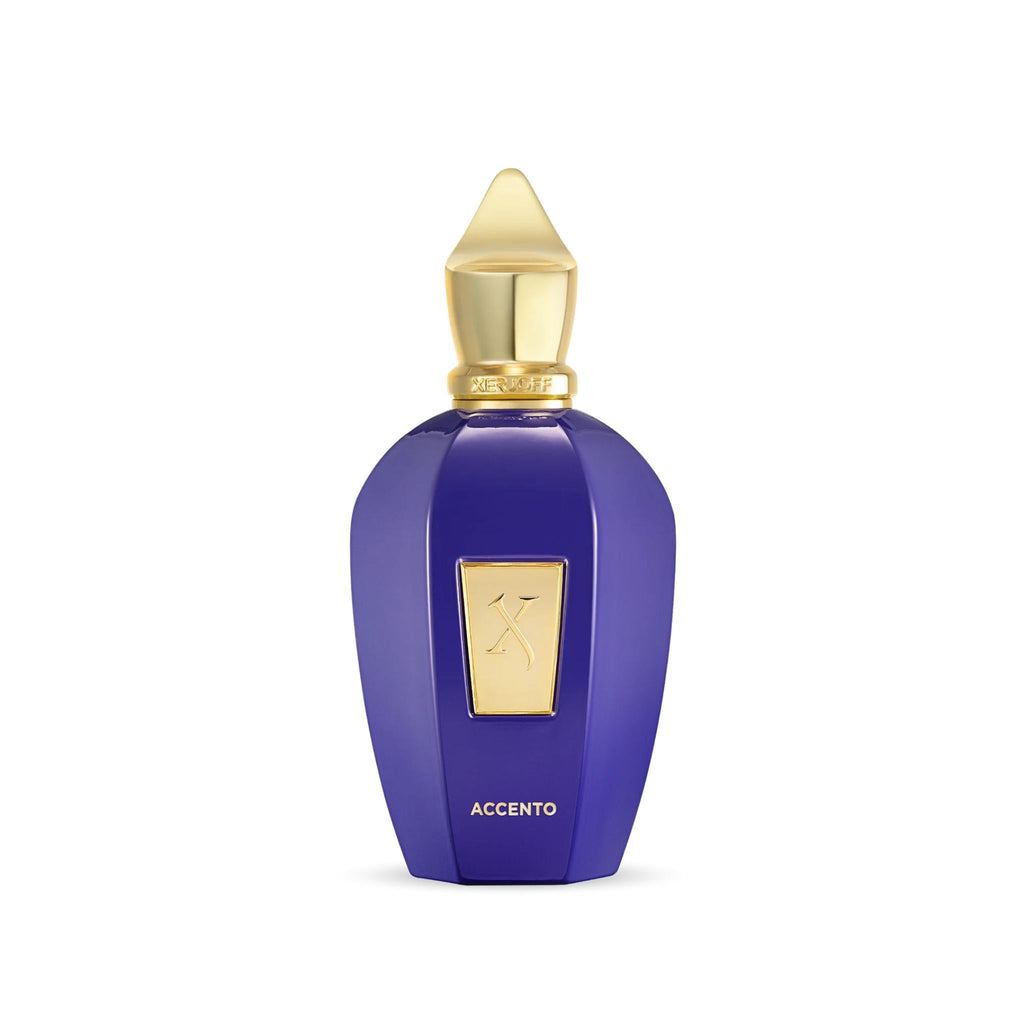 Refect Beauty Xerjoff Accento Eau de Parfum in a deep purple glass bottle with an ornate gold cap and logo plaque.