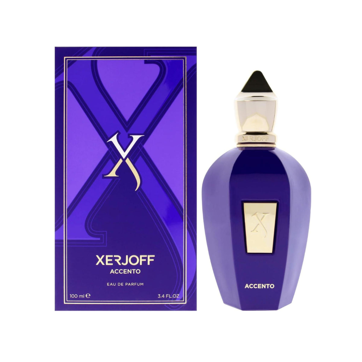 Refect Beauty Xerjoff Accento Eau de Parfum bottle and box in deep purple with gold accents