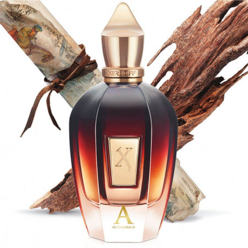 Refect Beauty Xerjoff Oud Stars Alexandria II perfume bottle with gold cap, dark glass, and oud wood background