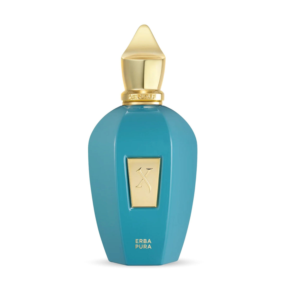Refect Beauty Xerjoff Erba Pura Eau de Parfum in a vibrant turquoise bottle with a gold cap and embossed logo.