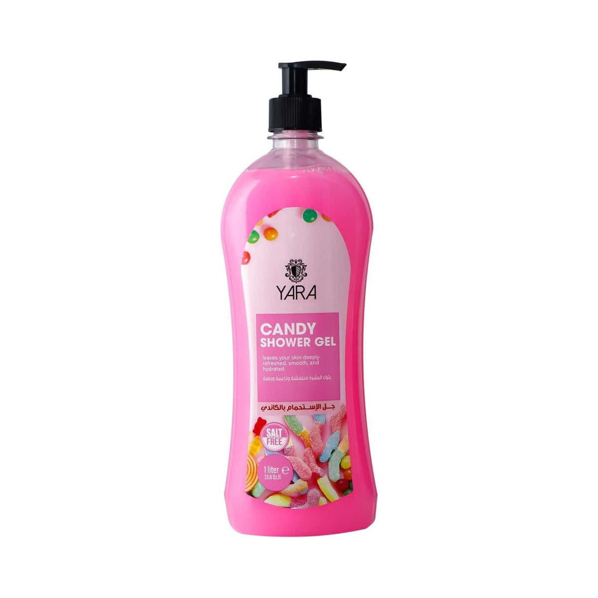 Refect Beauty YARA Candy Shower Gel in a pink bottle with a pump dispenser and candy-themed label design Main image