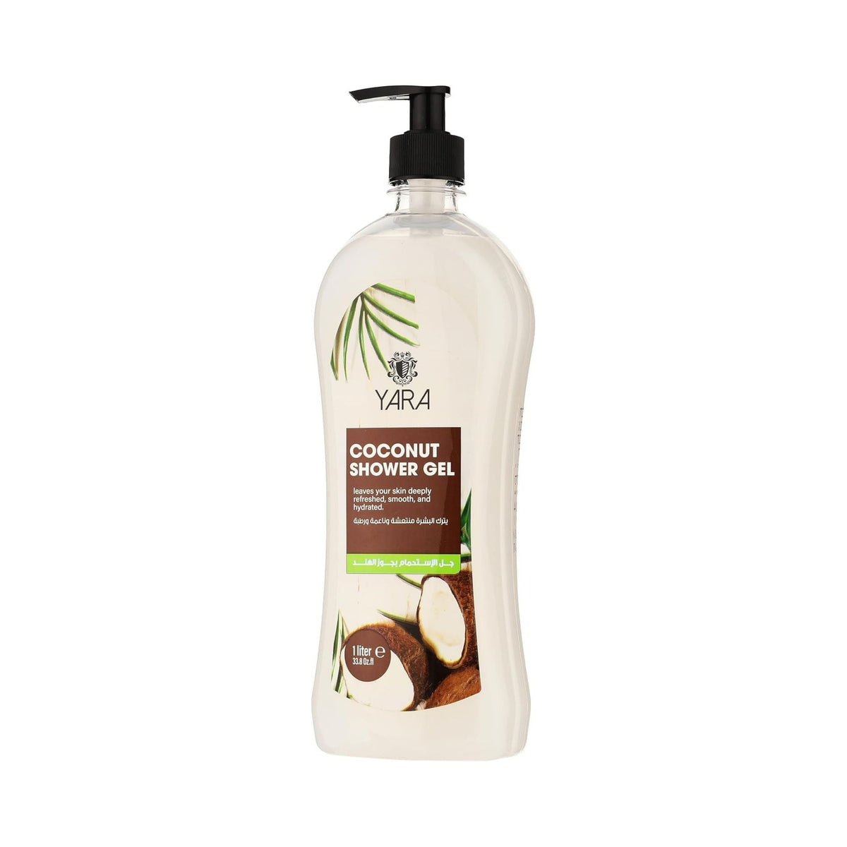 Refect Beauty YARA coconut shower gel in a 1-liter pump bottle with tropical coconut imagery on the label. Main image