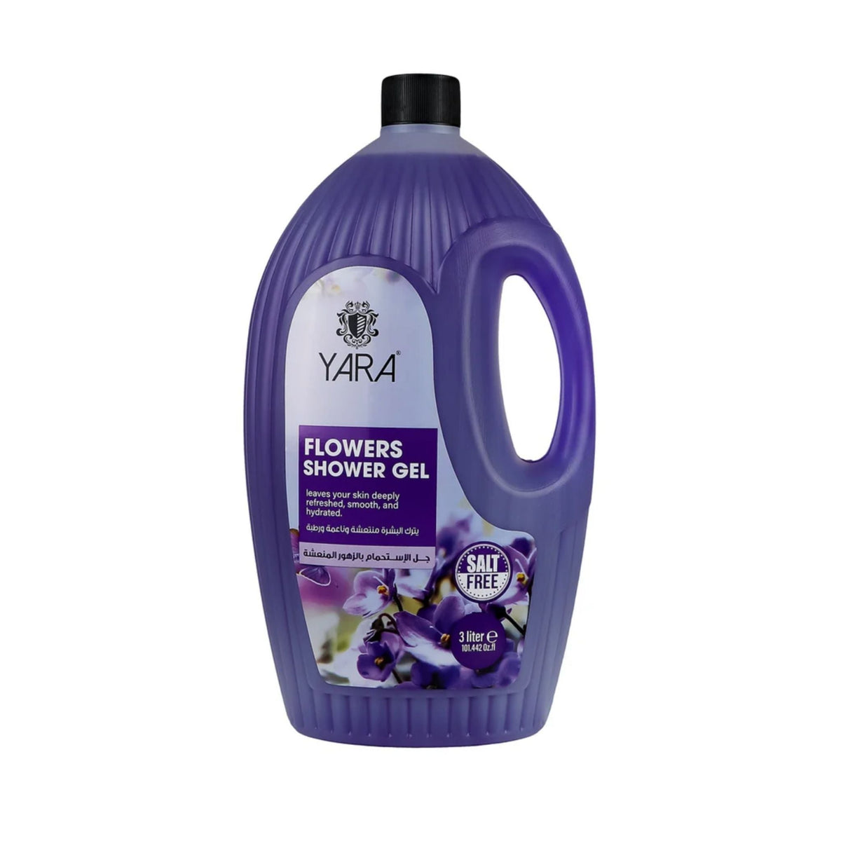 Refect Beauty YARA Flowers Shower Gel in a large 3-liter purple bottle with a floral label and black pump cap. Main image