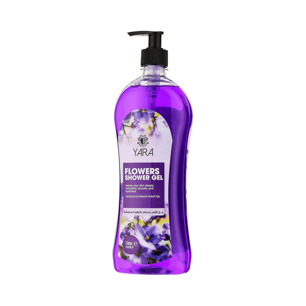 Refect Beauty YARA Flowers Shower Gel in a 1-liter purple bottle with a black pump dispenser and floral label design.