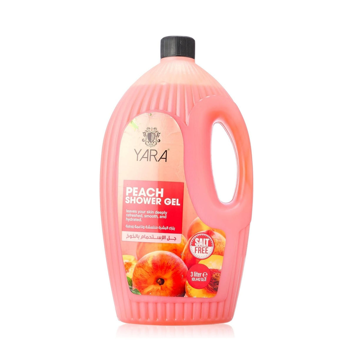 Refect Beauty YARA peach scented shower gel in a large 3-liter bottle with a black cap and peach fruit graphics. Main image