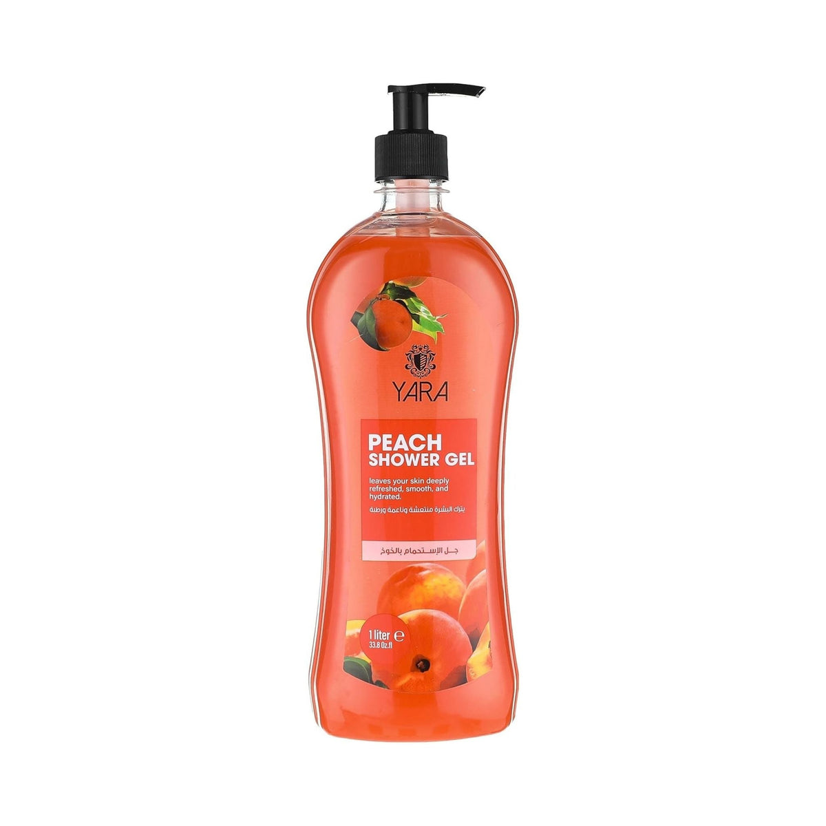 Refect Beauty YARA peach shower gel in a clear 1-liter pump bottle with orange gel and fresh peach illustrations.