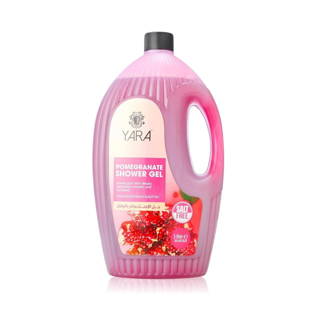 Refect Beauty YARA pomegranate shower gel in a large 3-liter pink plastic bottle with a black cap.