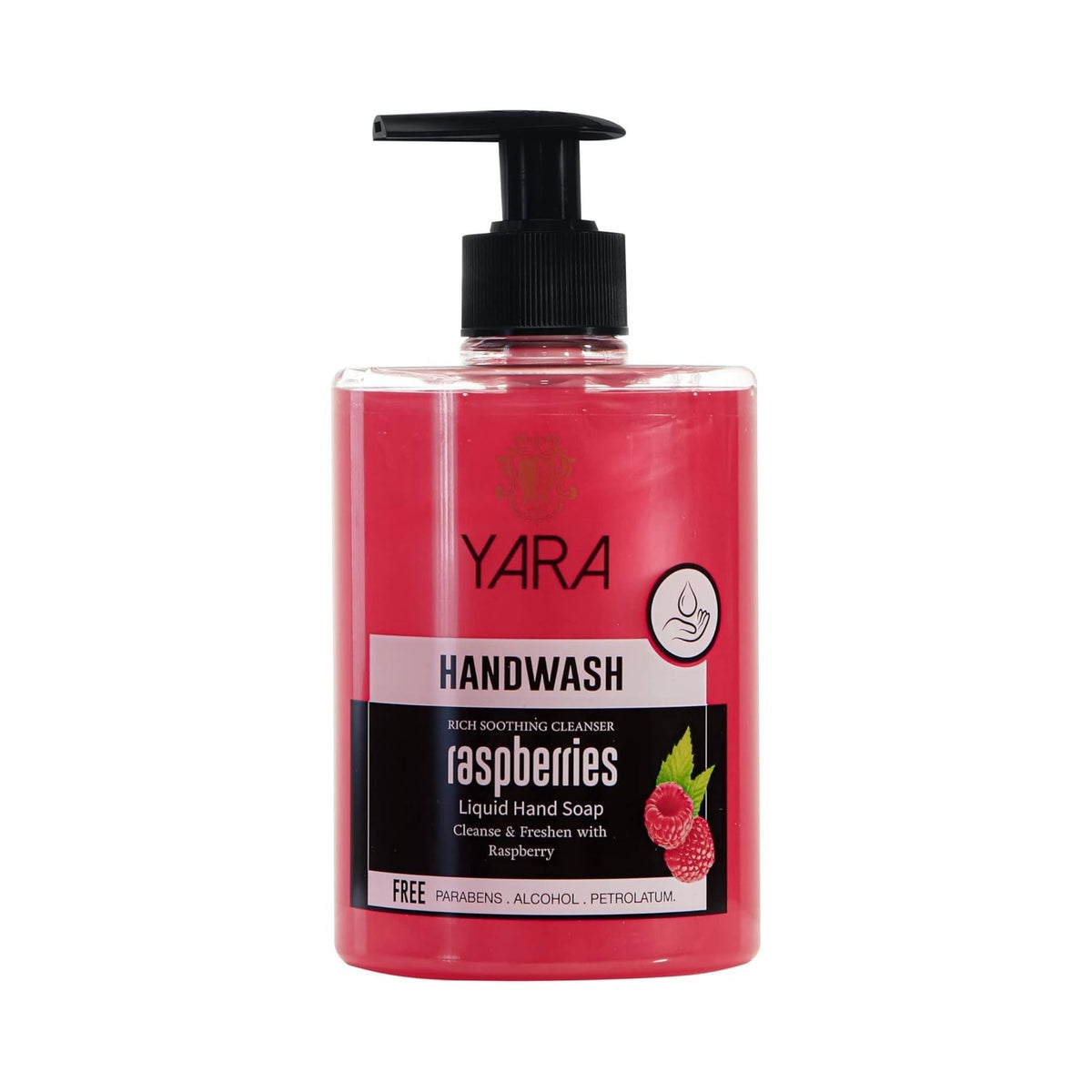 Refect Beauty YARA raspberry scented liquid hand wash in a clear pump bottle with a pink cleansing formula. Main image