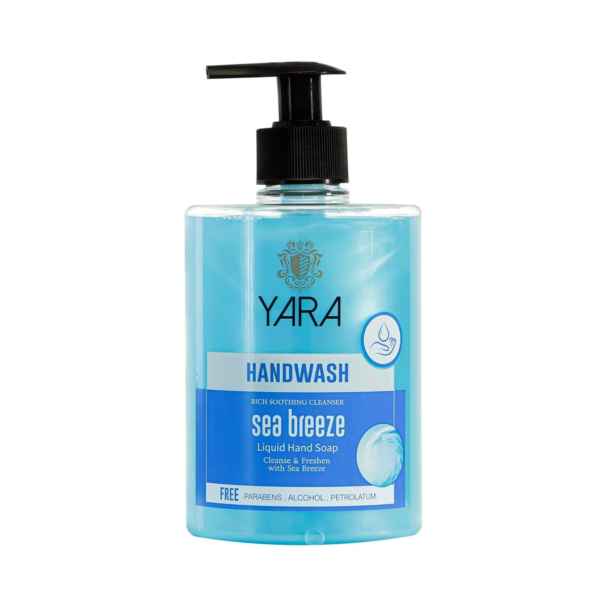 Refect Beauty YARA Sea Breeze liquid hand wash in a clear pump bottle with blue soap and a fresh aquatic scent.