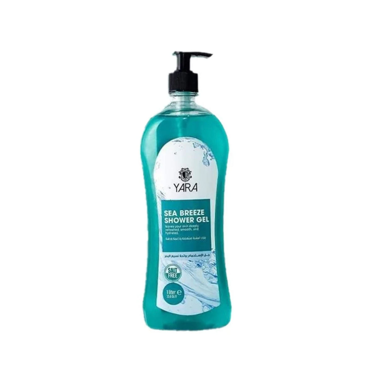 Refect Beauty YARA Sea Breeze shower gel in a 1-liter clear teal bottle with a black pump dispenser