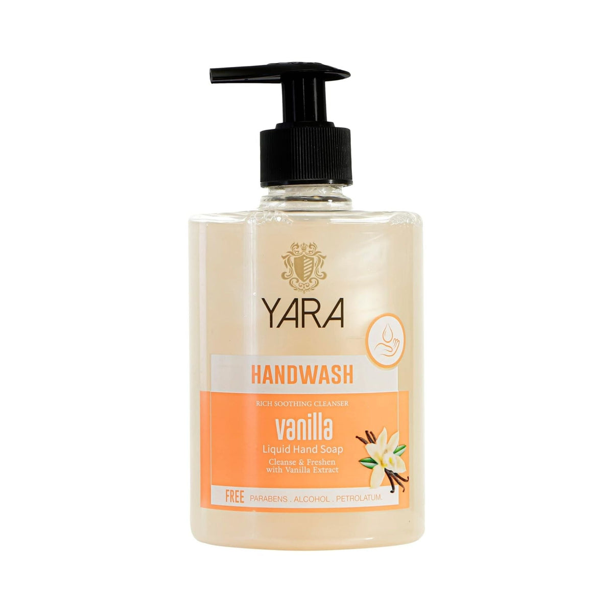 Refect Beauty YARA vanilla liquid hand wash in a clear pump bottle with orange label and black dispenser