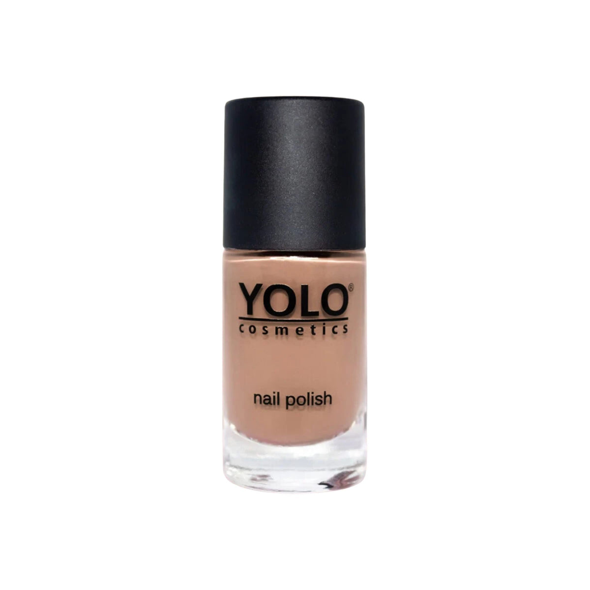 Refect Beauty YOLO nail polish in a neutral beige shade with a high-gloss finish in a glass bottle.