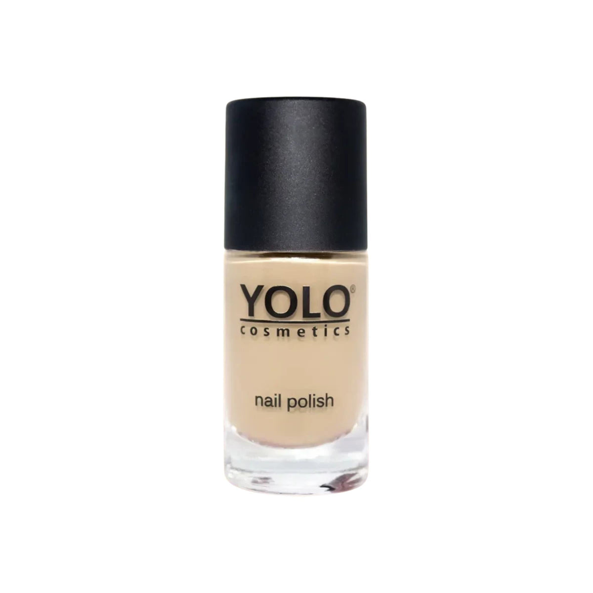 Refect Beauty YOLO nail polish in a neutral beige shade with a high-gloss finish in a clear glass bottle.