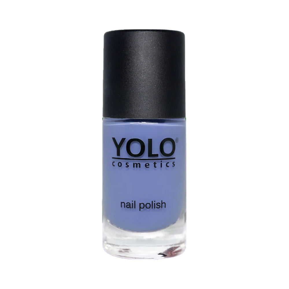Refect Beauty Yolo creamy nail polish in a soft periwinkle blue shade with a glossy finish in a glass bottle.