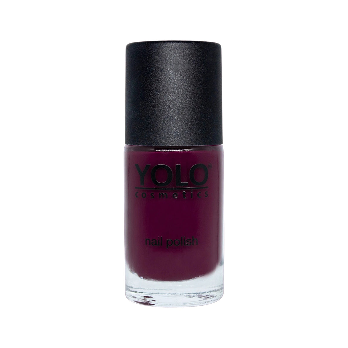 Refect Beauty Yolo Nail Polish in a deep burgundy creamy shade with a black cap in a glass bottle. 179