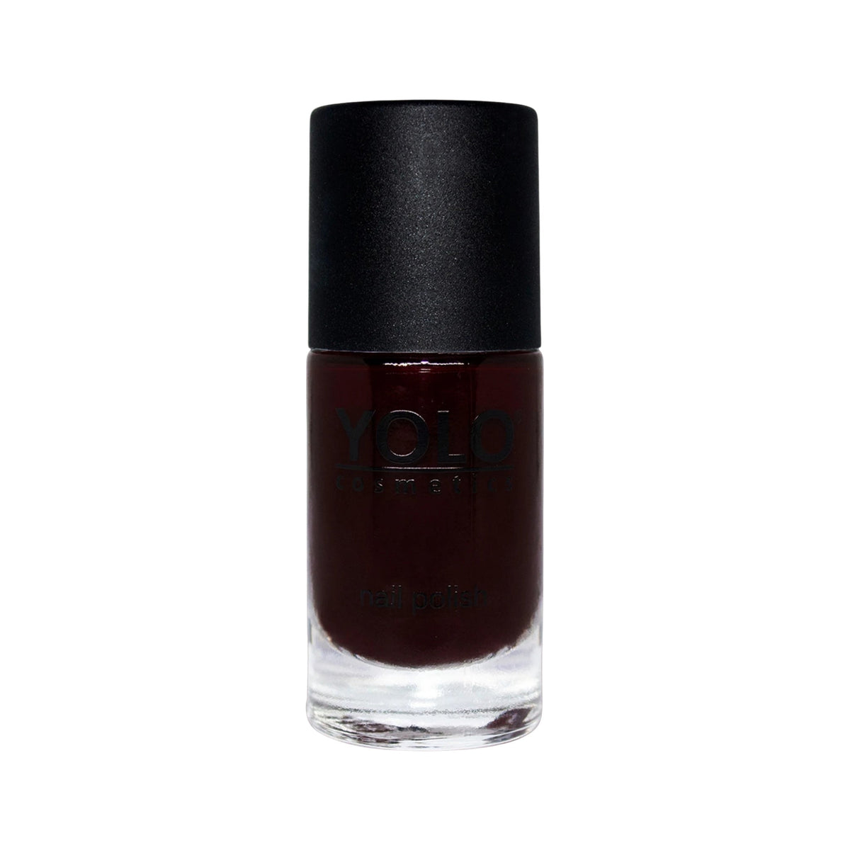 Refect Beauty Yolo creamy nail polish in a deep dark burgundy shade with a glossy finish in a glass bottle. 180