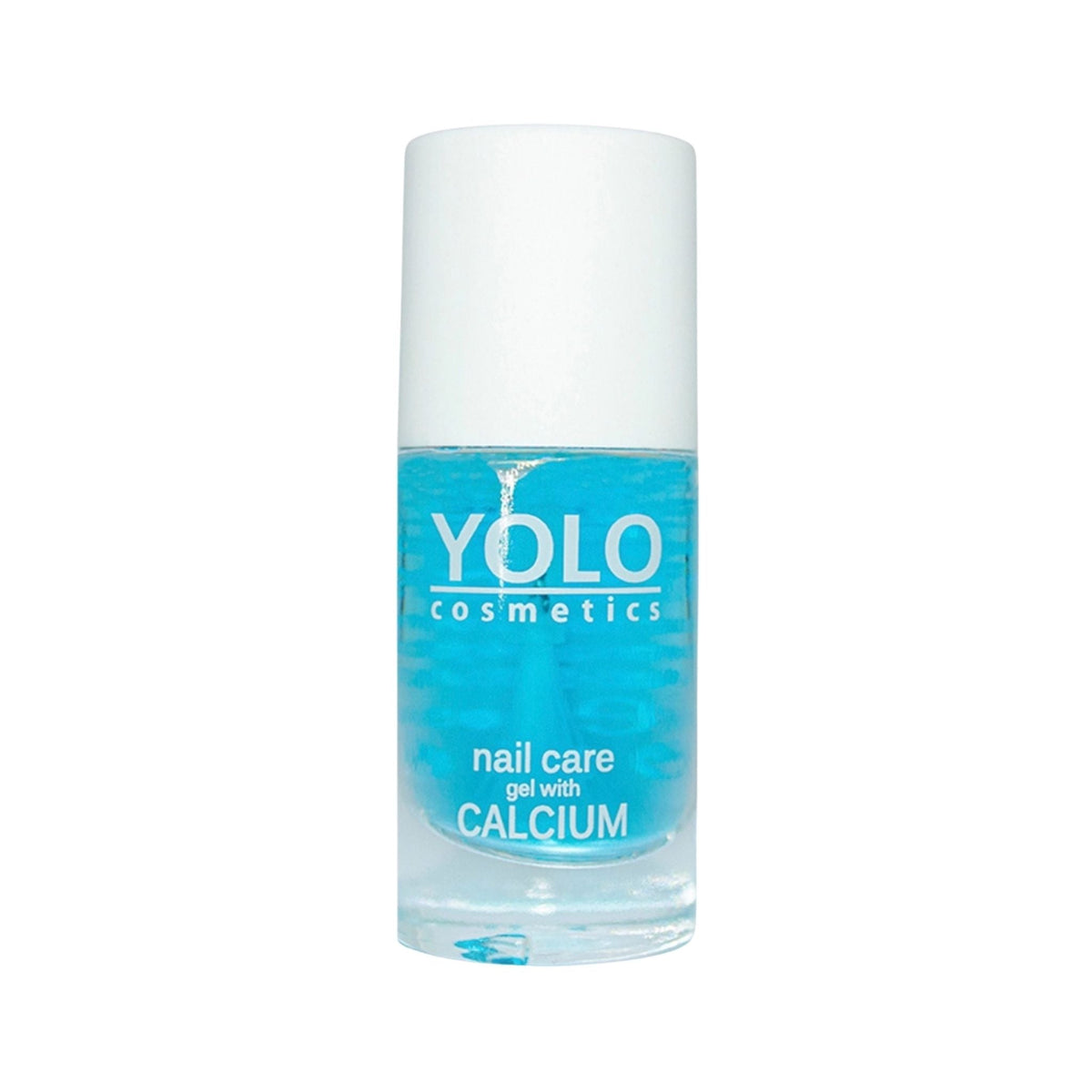 Refect Beauty Yolo Calcium nail care treatment in a clear glass bottle with a blue gel formula for strengthening nails Main image