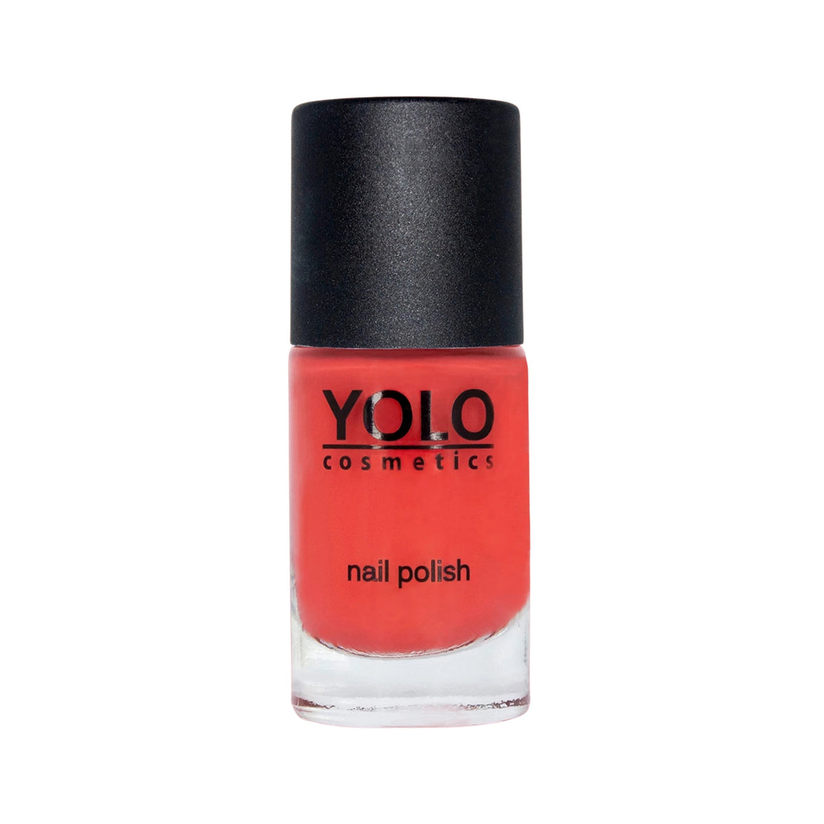 Refect Beauty Yolo Nail Polish in a vibrant coral-red shade with a smooth, glossy creamy finish in a glass bottle. 110