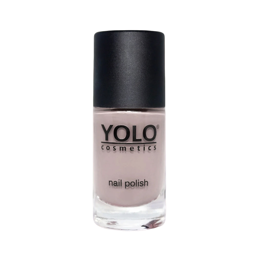 Refect Beauty Yolo Nail Polish Creamy in a soft neutral shade with a black cap in a clear glass bottle.