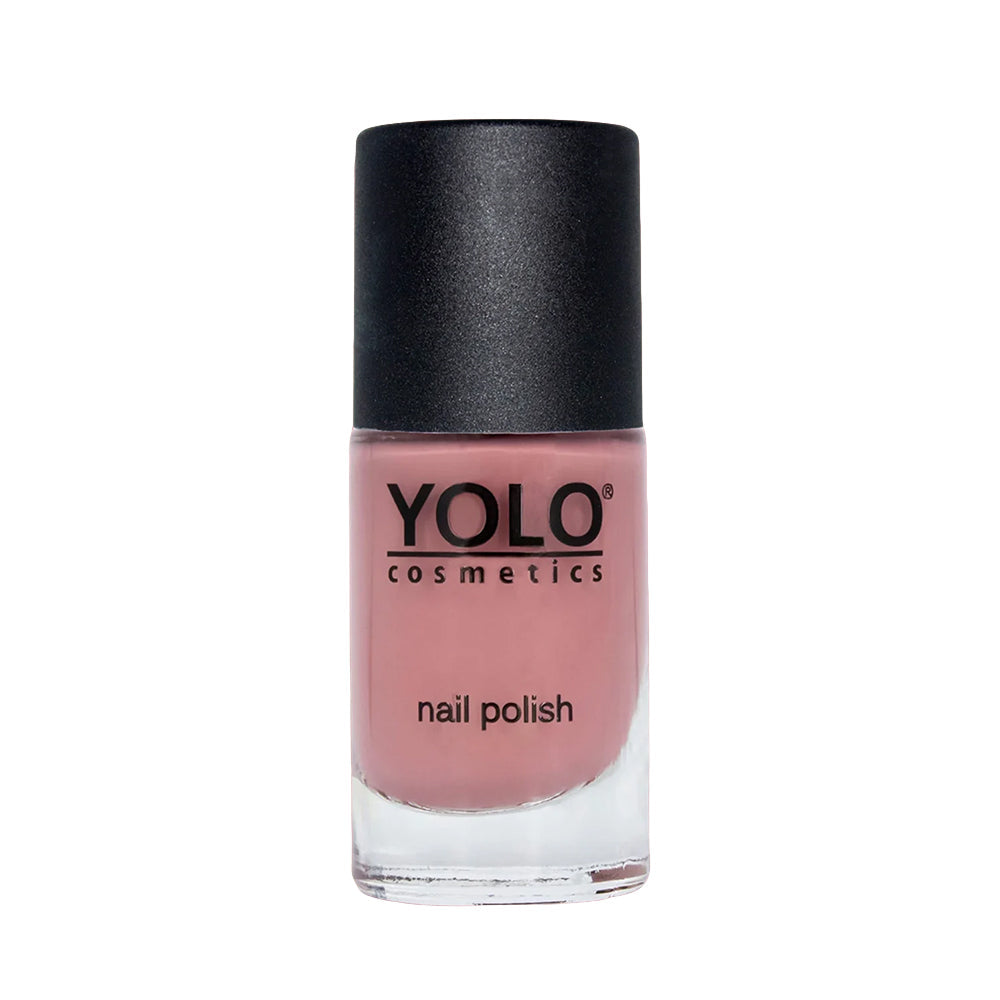 Refect Beauty Yolo Nail Polish Creamy in a soft dusty rose shade with a black cap in a glass bottle.
