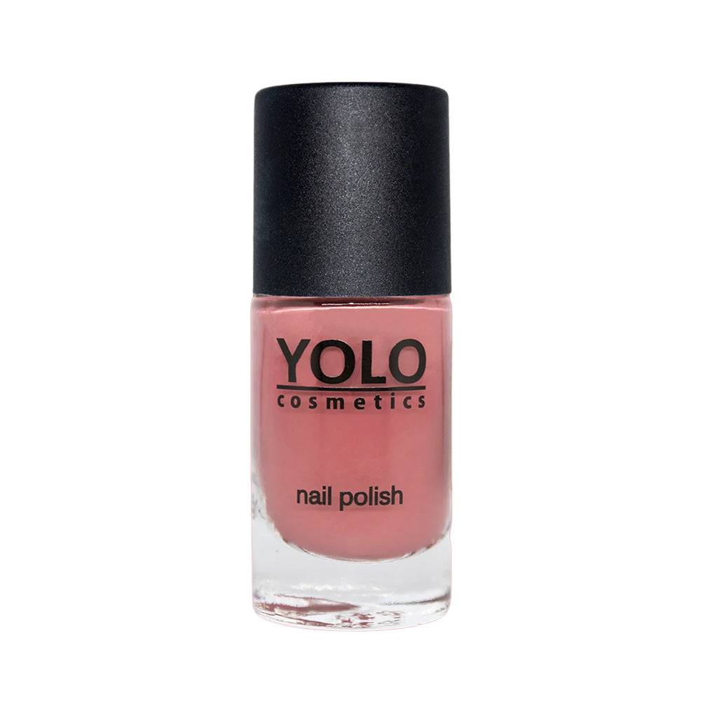 Refect Beauty Yolo Nail Polish in a dusty rose creamy shade with a sleek black cap in a glass bottle.