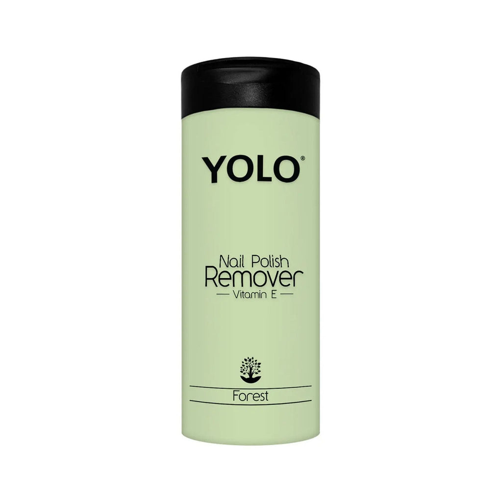 Refect Beauty Yolo Forest nail polish remover bottle with Vitamin E in a light green container with a black cap
